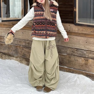 美式复古十字架皱褶加绒加厚阔腿裤女冬季宽松百搭拖地休闲长裤子
