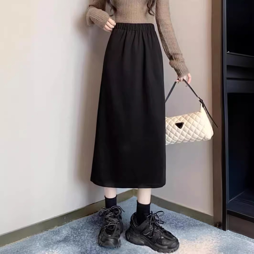 梨形身材A字半身裙女生高腰毛呢大码显瘦遮胯中长款开叉包臀裙子