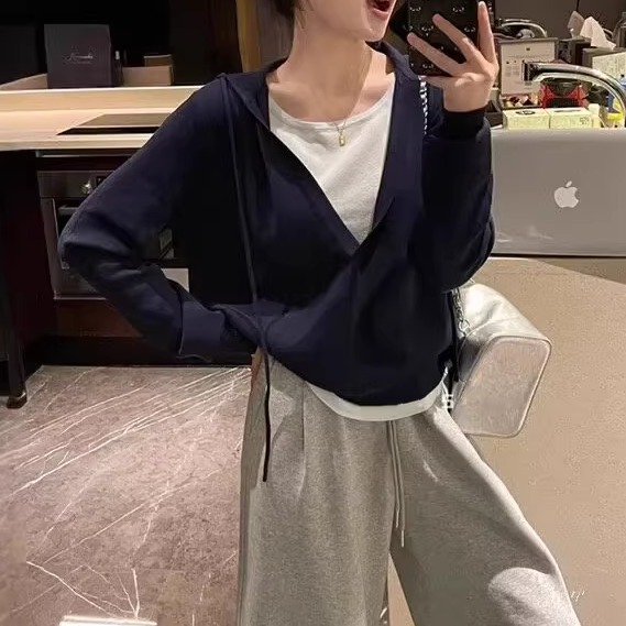 韩版宽松显瘦百搭连帽针织衫女设计感小众毛衣外套假两件休闲上衣