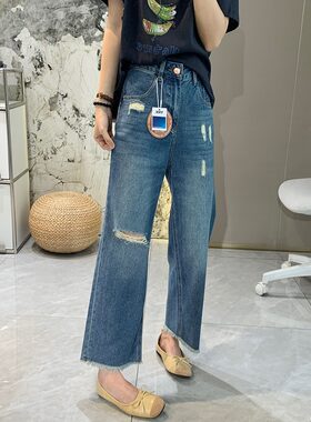 夏季新款破洞毛边阔腿牛仔裤设计感高腰显瘦九分宽松直筒裤女款