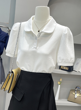 白色娃娃领正肩短袖T恤女夏季薄款宽松显瘦气质POLO衫泡泡袖上衣