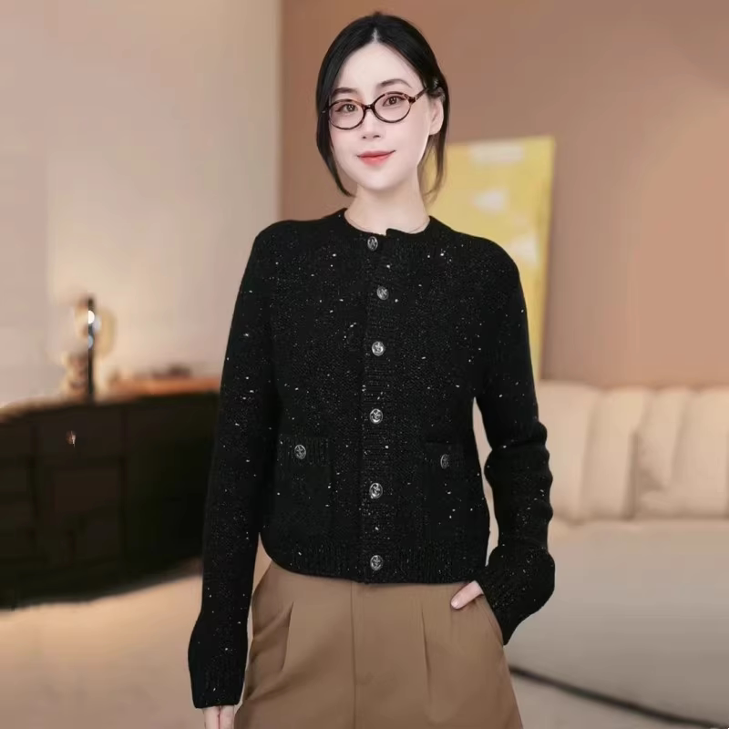 阿玛施正品牌2026秋冬新款时尚百搭细闪小香风针织开衫外套女