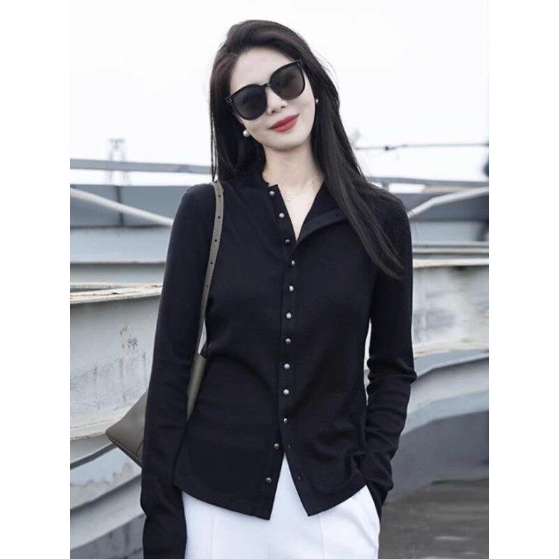 阿玛施2026春秋季新款立领黑色衬衣羊毛打底长袖女士衬衫5301016