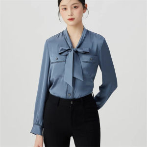 阿玛施正品牌专柜女装2026春季新款纯色百搭V领飘带长袖衬衫