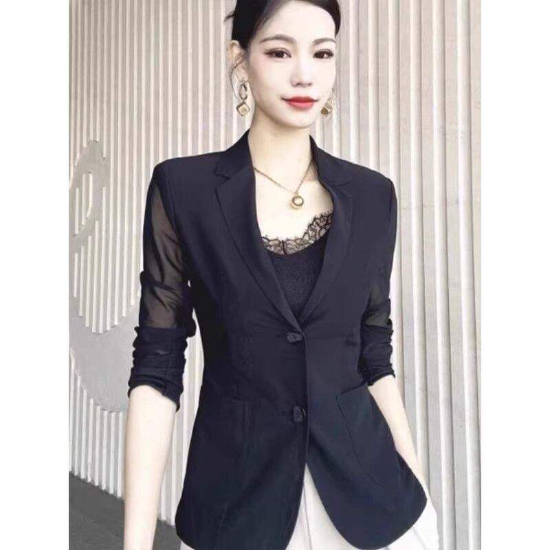 品牌2026春夏新款专柜职业短外套网纱修身透视西装女