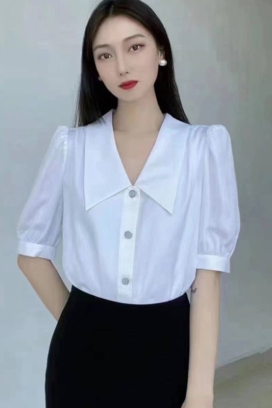 欧阿玛施女装2023夏季新款翻领泡泡袖宽松短袖雪纺衬衫女半袖衬衣