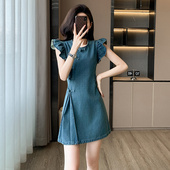 盘扣小飞袖 茶歇法式 连衣裙夏新中式 圆领显瘦少女感水洗牛仔背心裙