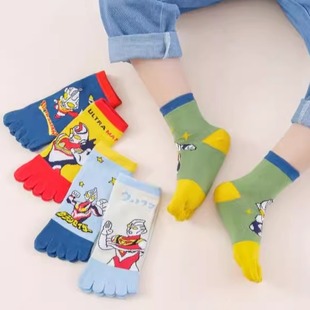 奥特曼袜子儿童五指袜纯棉卡通中筒分指袜男童矫正脚趾袜吸汗防臭