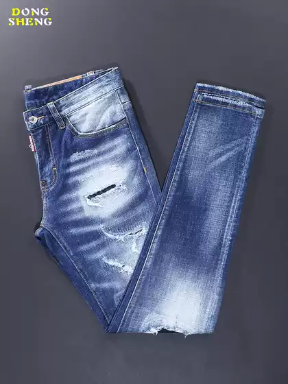Spring New Men's Jeans European Trendy Brand Unique Ripped Patchwork Light-Colored Versatile Slim Fit Skinny Pants Stretch