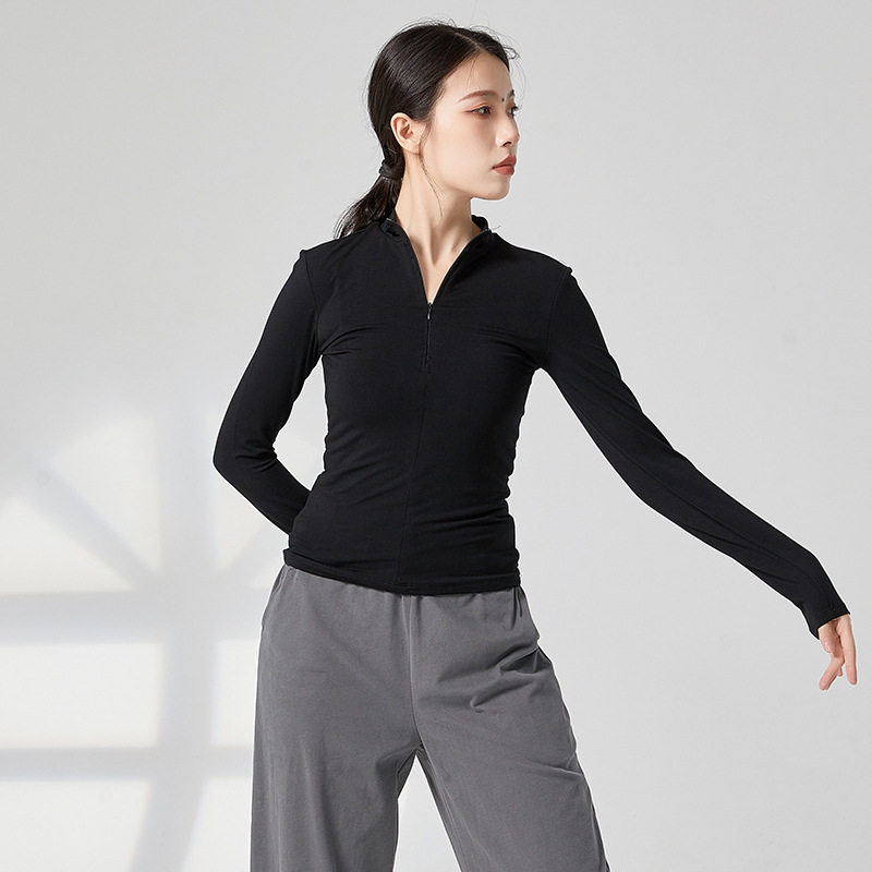现代舞蹈练功服女式拉链紧身长袖上衣黑色表演训练瑜伽艺考舞蹈服