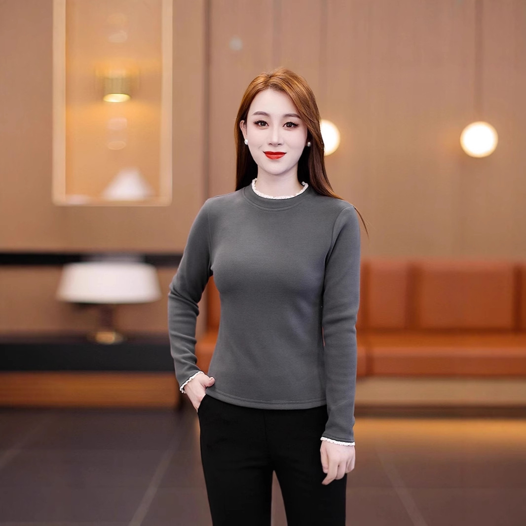 今年流行特惠秋冬蕾丝边圆领加绒打底衫内穿外搭高弹修身显瘦时尚