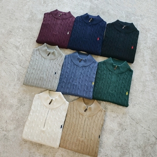 加厚美式复古秋冬粗麻花扭绳男半高立领拉链纯棉针织衫毛衣老钱风