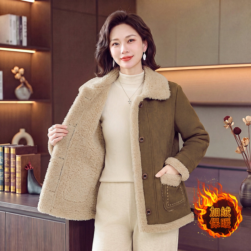 中年妈妈冬装外套女装洋气加绒加厚短款大衣中老年秋冬季保暖棉袄