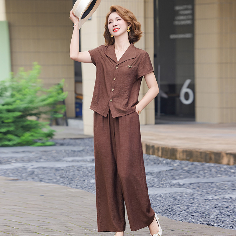 妈妈装夏季短袖翻领纽扣两件套新款中老年人女装夏装宽松休闲套装