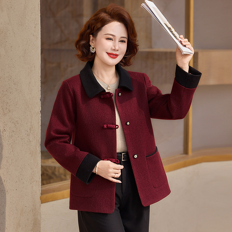妈妈春装洋气休闲毛呢外套中老年女装春秋翻领小西装时尚气质上衣