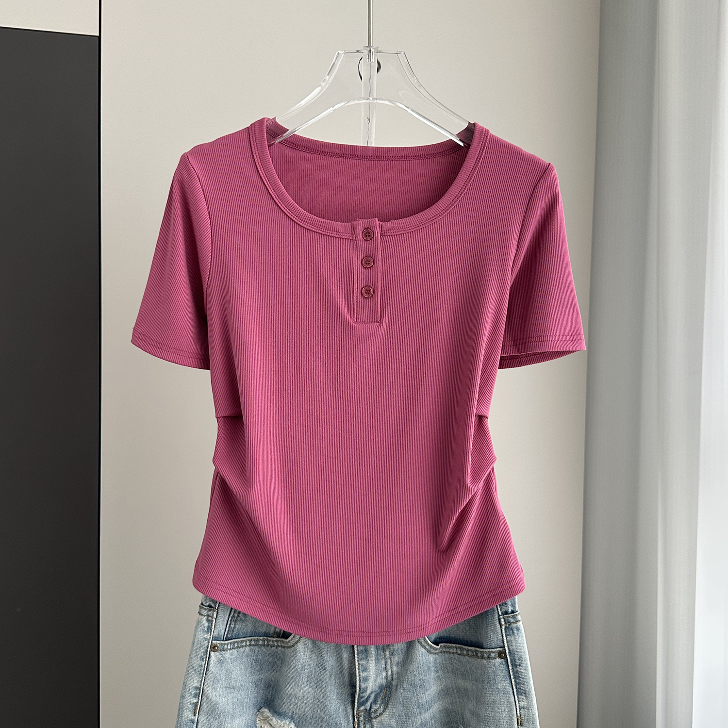螺纹短袖t恤女纽扣半袖夏装