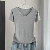 t恤女夏季 螺纹洋气上衣打底衫 V领薄款 宽松U领基础款 新款 正肩短袖