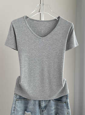 正肩短袖t恤女夏季V领薄款新款宽松U领基础款螺纹洋气上衣打底衫