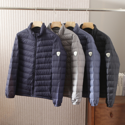 立领分仓防跑绒轻便羽绒服男