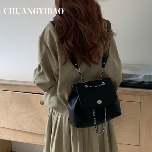 韩版小众菱格小香风链条双肩包