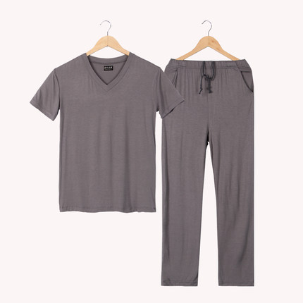 夏季短袖长裤男士睡衣家居服莫代尔V领套装外贸薄款居家服加大码