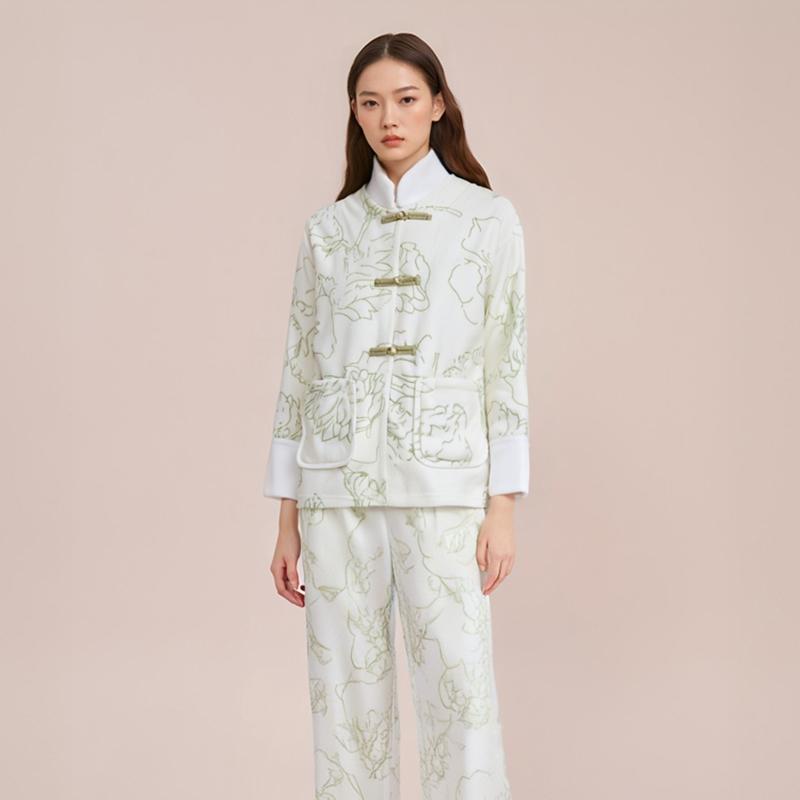 家居服套装法兰绒中国风宽松睡衣加绒加厚女士可外穿秋冬季珊瑚绒