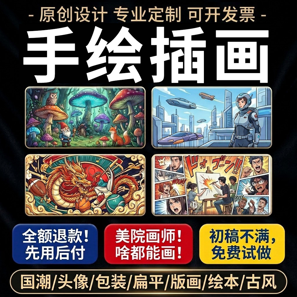 手绘插画代画设计定制绘制接单海报美院画师表情包国潮漫画约稿图片