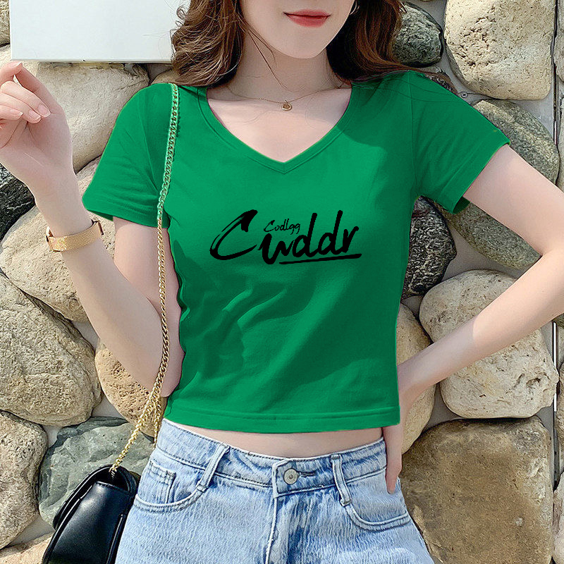 夏季新款复古显瘦V领修身短款正肩t恤纯棉百搭高腰上衣女小个子潮
