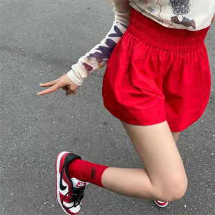 2026夏季大红色蓬蓬短裤A字裤裤子女高腰松紧腰百搭宽松遮胯潮流