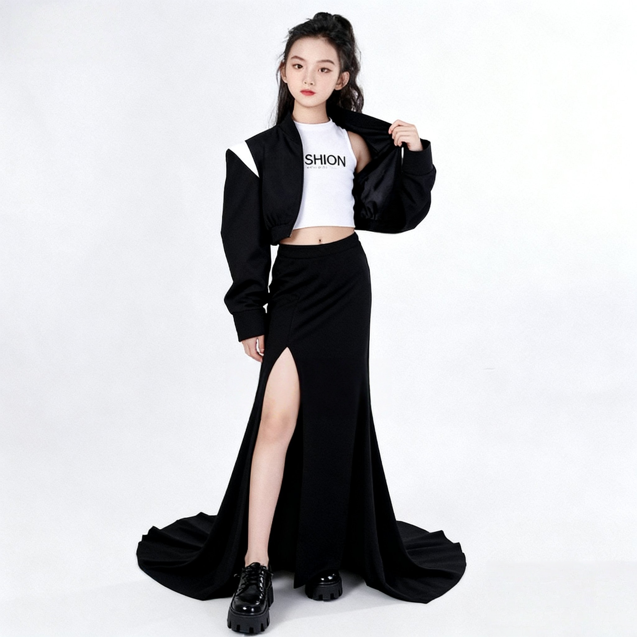 儿童模特训练服女童少儿形体礼仪童模练功服T台走秀潮服秋冬黑色