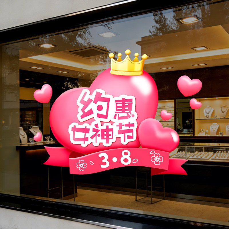 38妇女节窗贴商场超市黄金店铺橱窗场景装饰贴纸三八节氛围布置