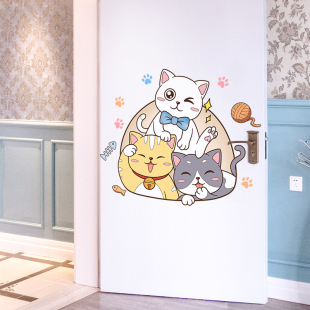 可爱小猫咪图案门贴纸客厅卧室房门木门进门翻新墙画墙贴画装饰品