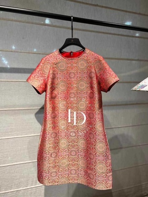 底价咨询！高端精致气质新中式国风宋锦改良版旗袍红色圆领连衣裙