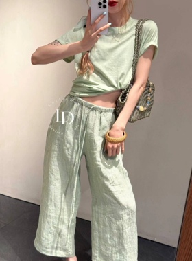 自留推荐！绿色垂感透气直筒裤女夏季新款松紧腰抽绳阔腿休闲裤子