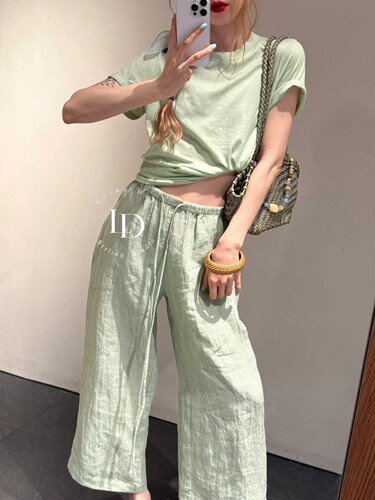 自留推荐！绿色垂感透气直筒裤女夏季新款松紧腰抽绳阔腿休闲裤子