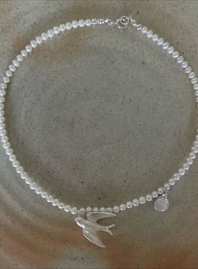 银制天然珍珠飞鸟choker短项链极简小众颈链银饰品女锁骨链
