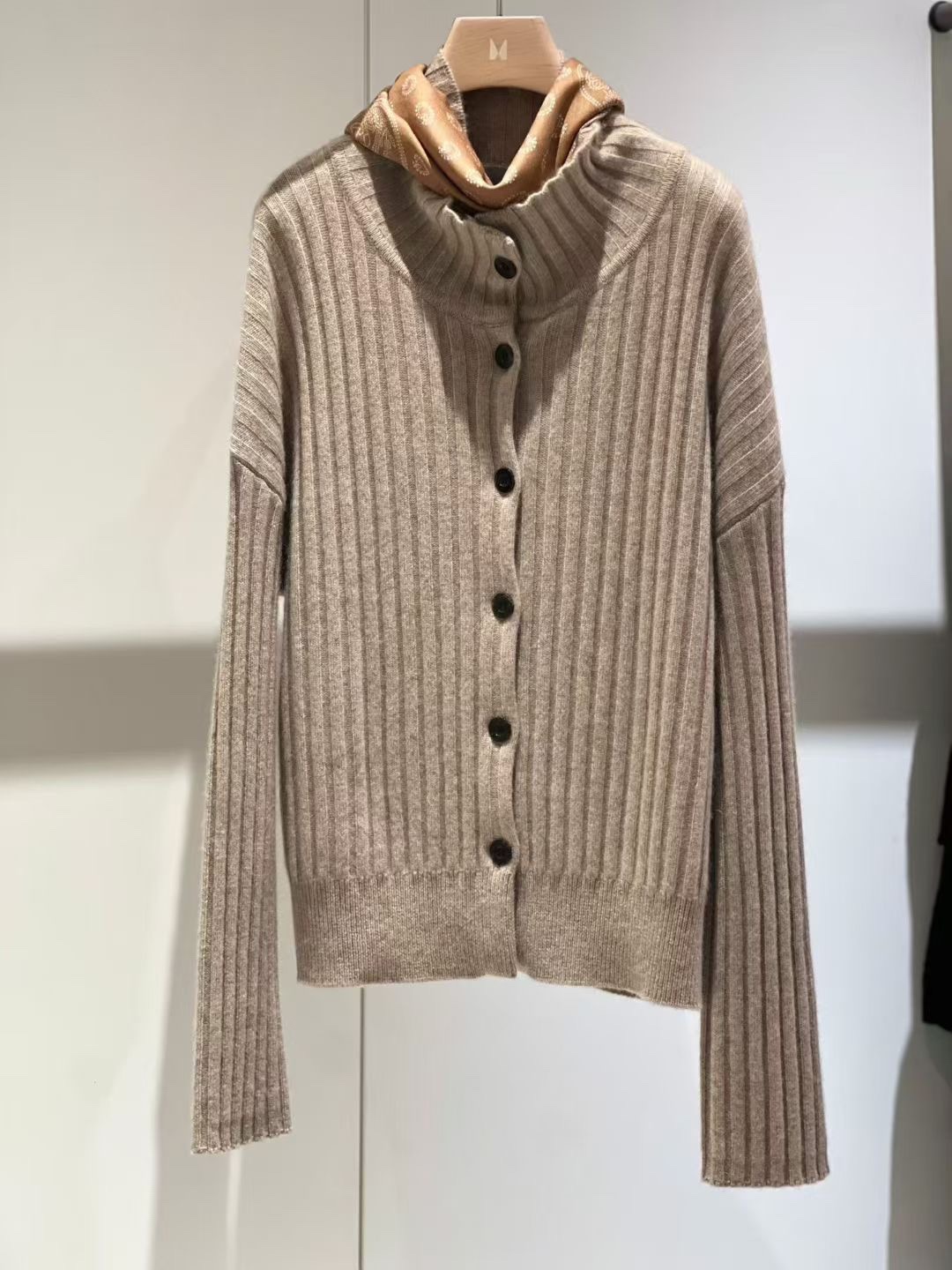 坑条翻领毛衣开衫外套女秋冬新款慵懒风宽松显瘦百搭加厚针织上衣