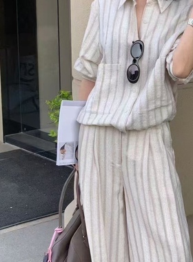 复古宽松日常休闲透气 文艺简约条纹亚麻衬衫阔腿裤高级感套装女