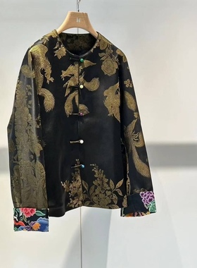 正版！底价咨询！新中式复古提花圆领盘扣外套精美刺绣黑色开衫女
