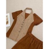 24夏季 正版 气质御姐风拼色套装 别致小众设计单排扣上衣开叉半裙