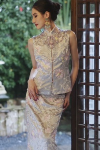 旗袍女套装 半身长裙新中式 春夏高端三醋酸订珠法刺马甲 设计师款