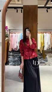 2025秋季新款时尚百搭单彩立领对襟盘扣无兜显白红色气质外套 女