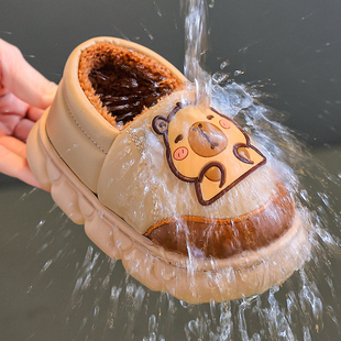 PU皮防水儿童棉拖鞋包跟男童女童小孩家居室内毛绒保暖宝宝棉鞋冬