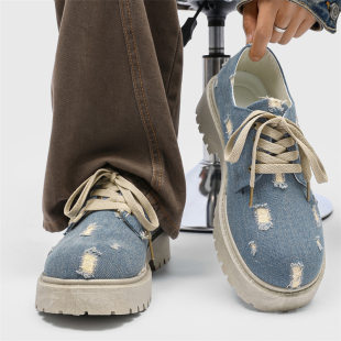 马丁靴男款春季2025新款小众设计德比大头鞋牛仔布破坏风休闲皮鞋