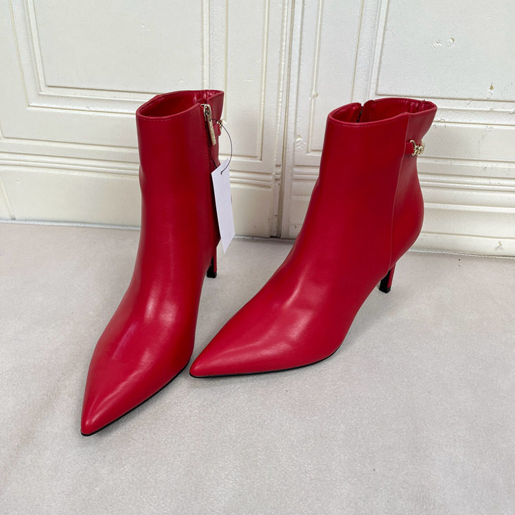 外贸原单尖头细高跟链条短靴简约时尚新款侧拉链气质百搭日常靴子