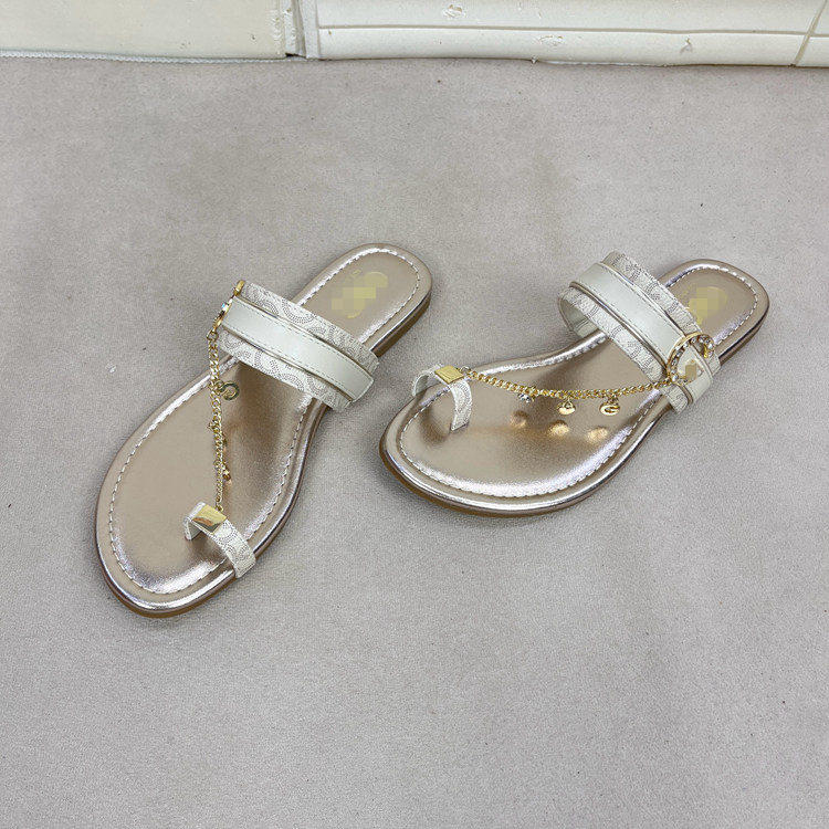 外贸原单女鞋新款时尚圆头平底链条带钻日常百搭夹趾拖鞋时装凉鞋