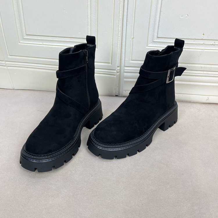 外贸原单女靴新款加绒加厚时尚圆头厚底粗跟皮带扣时装短靴机车靴
