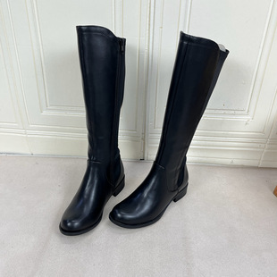 外贸原单圆头低跟长筒靴简约时尚新款侧拉链舒适百搭日常女款靴子