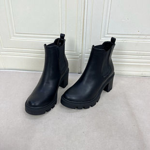 外贸原单女鞋 shoes工厂清仓圆头纯色厚底粗跟套筒短靴马丁靴 时尚