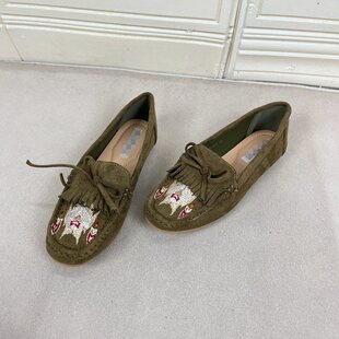 Lady Shoes外贸原单女鞋时尚圆头纯色流苏蝴蝶结刺绣面平底单鞋